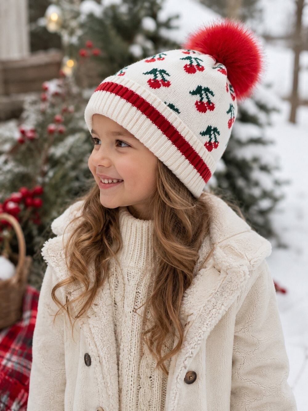 NWT Old Navy Cherry Print Beanie Hat Girls L Red Faux Fur Pom Winter Cute